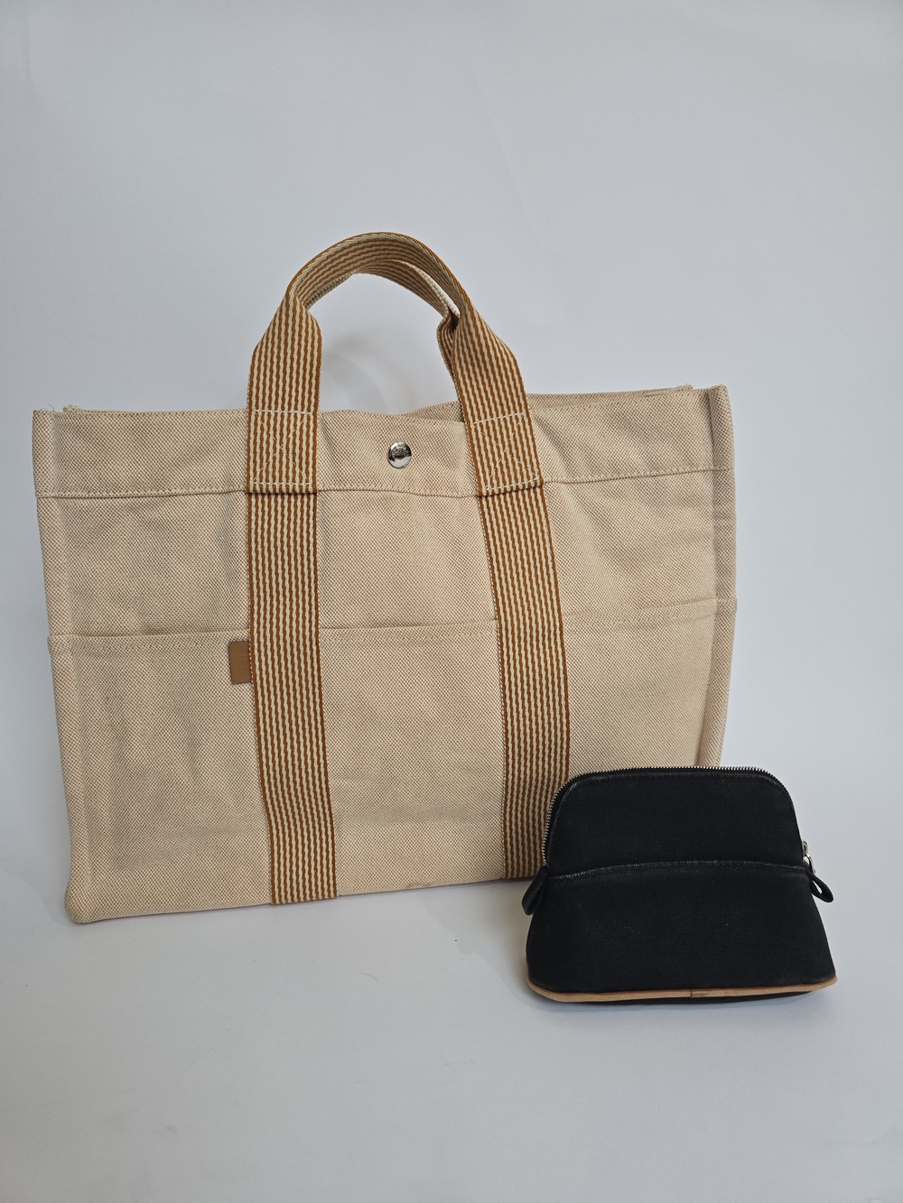 Hermes Peachy Orange Fourre Canvas Tote with Black Bolide Travel Pouch